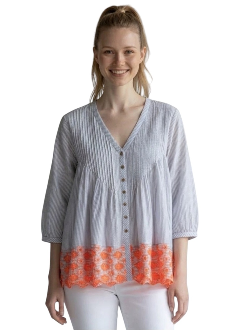 Roberta Roller Rabbit by Roberta Freymann Pinstriped Cotton Roll-Tab Top size M